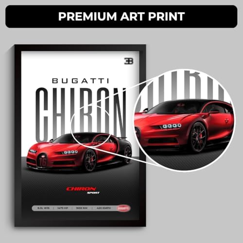 Image of Bugatti Chiron Poster | Framed Bugatti A4 Sized (31 x 23 cm) | Chiron Car Poster for Wall, Gift for Boys, Hypercar Frames | Dream Car Posters for Wall, Bedroom, Hostel, Study Area, Hostel (F 036)