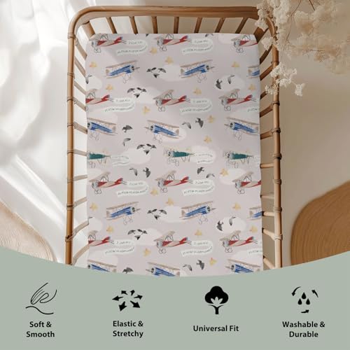 Image of Vintage Planes Birds Sky Baby Crib Sheets for Boy Girl 28 inchx52 inch Retro Flying Airplanes Soft Stretchy Fitted Crib Mattress Covers Aircraft Travel Baby Sheets for Standard Crib & Toddler Mattress Pad