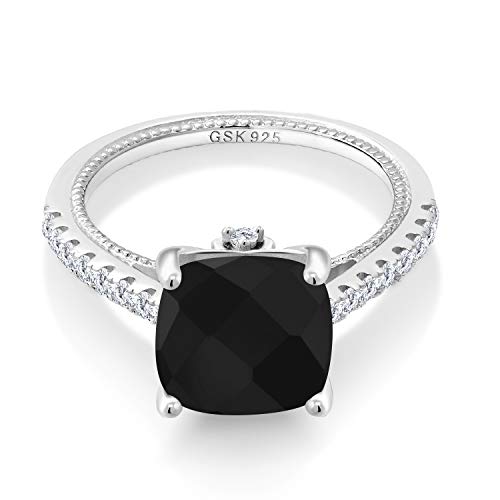 Gem Stone King 925 Sterling Silver Black Onyx And White Created Sapphire Engagement Ring For Women (4.07 Cttw, Cushion Checkerboard Cut 10Mm, Gemstone Birthstone, Available In Size 5, 6, 7, 8, 9) #TOP1