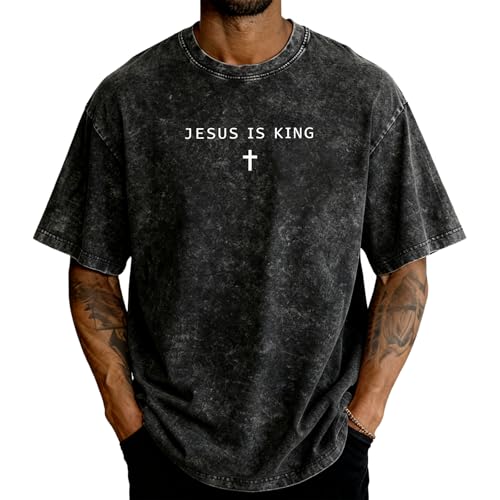 Jesus is King Cross T-Shirt Christian God Faith Shirt Casual Acid Washed Crew Neck Short Sleeve Oversized Graphic Tee (Black Large)
