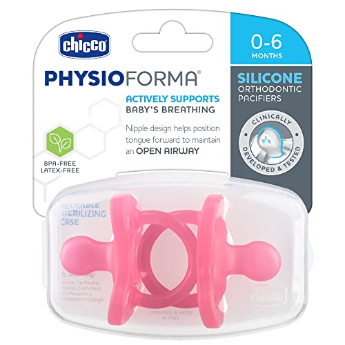 Image of Chicco PhysioForma 100% Soft Silicone One Piece Pacifier for Babies Aged 0-6 Months | BPA & Latex Free | Reusable Sterilizing Case | Pink, 2pk