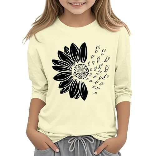 Girls 3/4 Sleeve Tops Crew Neck Summer Patterned T Shirts Soft Three Quarter Sleeve Blouses Kids Trendy Clothes