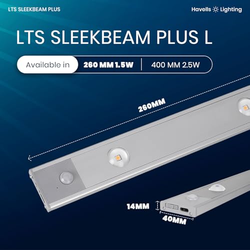 Image of Havells SLEEKBEAM Plus 260MM 1.5W Rechargeable Motion Sensor LED Light for Wardrobe, Closet, Cabinet, Kitchen, Under Stairs, Drawer, Shelf, Garage, Quick Magnetic Self Installation| Type-C Charging