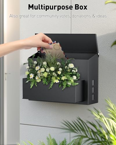 Image of Uniclife Wall Mount Mailbox for Outside, Large Mailbox with Planter, Large Capacity Mail Box for House, Rust-Proof Steel Post Box for Home Office School, Modern Metal Drop Case, Black