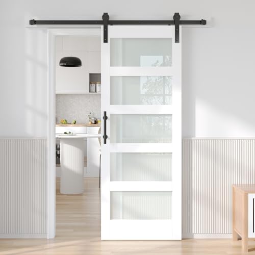 Image of Fredbeck Sliding Barn Door 30x80 with Frosted Glass and Hardware, White