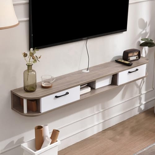 Meuble TV mural en bois avec gestion des câbles pour un salon rangé