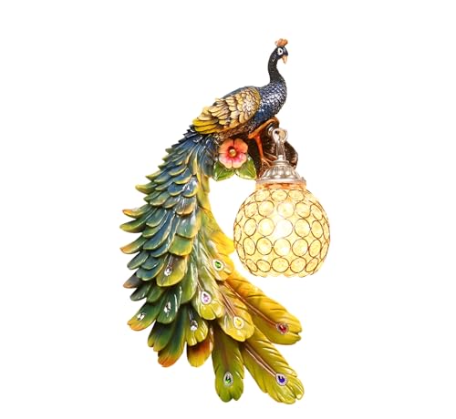 Image of Modern Peacock Wall Sconce | Resin Decorative Wall Lamp with Crystal Accents | European Retro Style Wall Light for Home Decor | Multicolour | Bulb Not Included