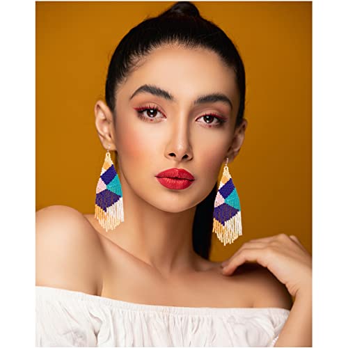 Luluping Long Beaded Dangle Earrings – Boho Native Handmade Seed Bead Tassel Earrings For Women, Bohemian Large Statement Beaded Drop Fringe Earrings (Colorful Beaded Earrings B) #TOP3