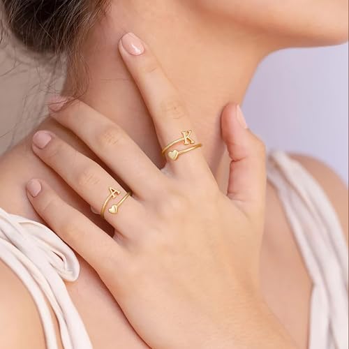 Initial Heart Rings for Women Girls - 14K Yellow/White/Rose Gold Plated Adjustable Rings for Women Non Tarnish Teen Girls Gifts Trendy Stuff Jewelry Birthday Gifts2