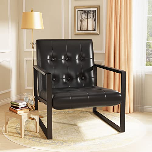 Hooseng Pu Leather Accent Chair Set Of 2, Modern Mid Century Reading Chair With Extra-Thick Padded Backrest And Seat Cushion, Armchair Single Sofa Chair For Living Room Bedroom Reading Room,Black #TOP3