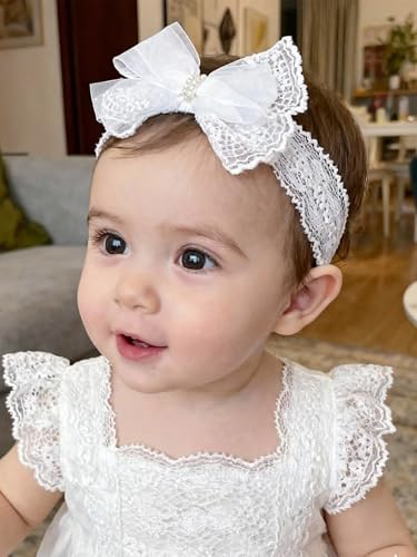 ICKEYOU Baby Girls Headband White Bow Lace Headbands Soft Elastic Bowknot Hairbands Cute Hair Accessory for Newborn Kids Infant Toddler Baptism...