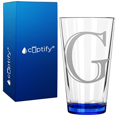 Monogram Initial Letter G Etched Beer Glass 16 oz Blue Bottom Pint Drinking Glasses Customized Mug Birthday Gift for Men and Women