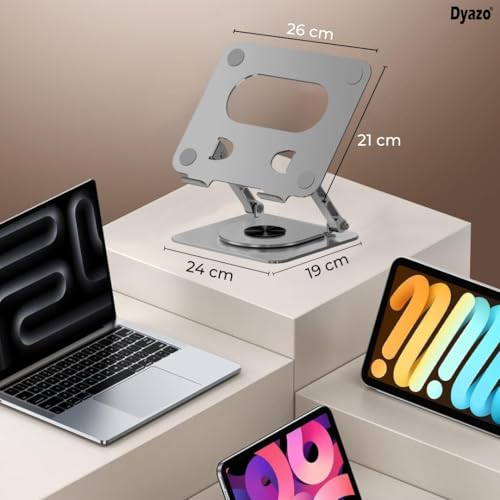 Image of Dyazo 360 Rotating Laptop Stand | Height Adjustable Laptop Riser for Desk | Foldable Metal Notebook Holder with Swivel Base | Compatible for MacBook, HP, Dell, Lenovo & All 10-15.6 Inch Laptop (Grey)