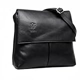 LeahWard Womens Double Pocket Messenger Bag, Genuine Italian Soft Leather Cross Body Shoulder Bag Handbag (Black)