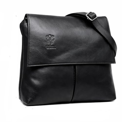 LeahWard Womens Double Pocket Messenger Bag, Genuine Italian Soft Leather Cross Body Shoulder Bag Handbag (Black)