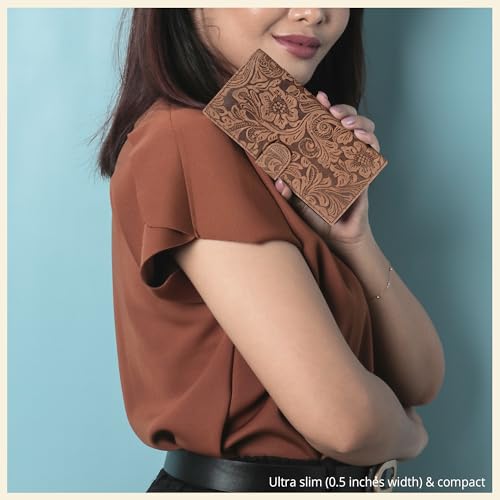 Image of Oak Leathers Checkbook Cover Slim Minimalist For Men with RFID Blocking Credit Card Holder Wallet (Vintage Flower Cognac)