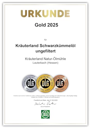 Foto von Kräuterland Schwarzkümmelöl 250ml, ungefiltert, Omega 3-6-9, ohne Zusatz von Aromen & Konservierungsstoffe, hoher Thymochinin, vegan, mild, kaltgepresst, mühlenfrisch aus unsrer hessischen Ölmühle