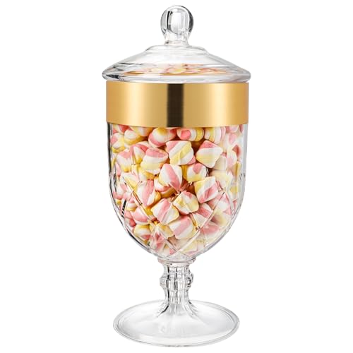 Hacaroa 2.1 L Large Plastic Apothecary Jar with Airtight Lid, Acrylic Candy Cookie Jar for Candy Buffet, Decorative Footed Wedding Container Bathroom Canister for Bath Salt, Vanity, Party, Gold Trim
