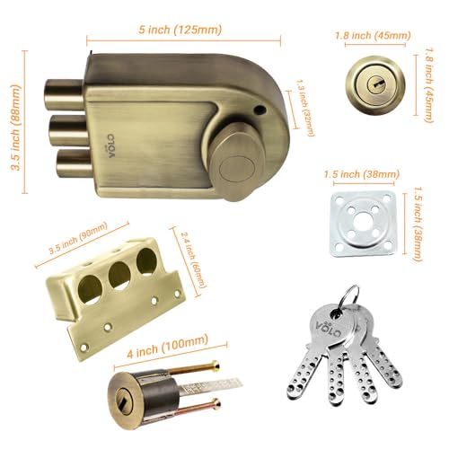 Image of VOLO Heavy Duty Tri-Bolt Rim Lock - Secure Dead Lock with Keys for Main Door, Single & Double Doors, Left & Right-Handed Use - Ideal for Home & Office (Pack of 1) (MT-01 (Antique))
