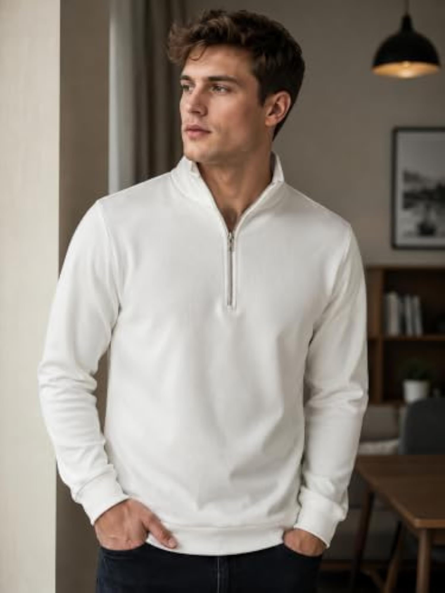 Solid Polyester Mock Collar Half Zipper Sweatshirt