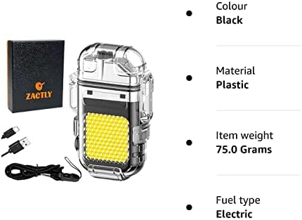 Zactly MODEL AL10 Transparent Electric Lighter Dual Arc Multifunction USB Type-C Rechargeable Waterproof Windproof Dustproof with Led Light, Whistle & Lanyard, Camping, Outdoor Survival Tool (Black)