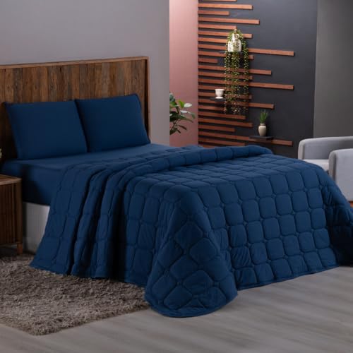 Kit Cobre Leito Casal Colcha Malha 100% Algodão 06 Peças Cobertor Fio Penteado 30/1 (Marinho)