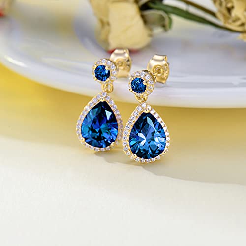 Toupop September Birthstone Stud Earrings For Women Girls Sapphire Teardrop Earrings 14K Gold Plated Sterling Silver Crystal Jewelry Birthday Gifts For Mom Her #TOP2