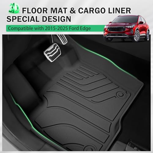 All Weather Floor Mats & Cargo Liner with Backrest Mat for 2015-2024 2025 Ford Edge Non-Slip, Custom Fit 1st & 2nd Row with Trunk Liner Cover Protector TPE Full Set for Edge Accessories Heavy Black by Epltion - Image 2