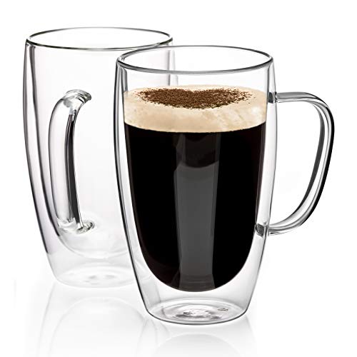 Double Walled Glass Coffee Mugs Glass Mug With Handles Double Wall Cappuccino Cups, 16oz Of Set 2 Coffee/tea Mugs, Clear Glasses Large With Handle