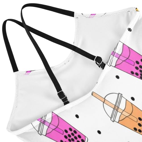 Cartoon Bubble Tea Girls' One-Piece Swimwear with Adjustable Shoulder Strap, Beach Bathing Suits Girls, 3-104
