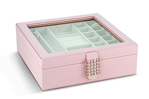 Glenor Co 28 Section Jewelry Box - 2 Layer & Buckle Magnet Closure - Large Glass Top - Leather Design - Soft Pink - Jewelry Organizer for Women & Girls - for Earring Ring Necklace & Bracelet