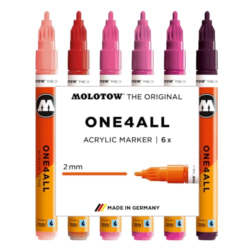 Molotow One4All 127HS Acryl Marker Pink Set (2,0 mm Strichstärke, hochdeckend und permanent, schnell trocknend, nachfüllbar, für fast alle Untergründe) 6 Stück sortiert