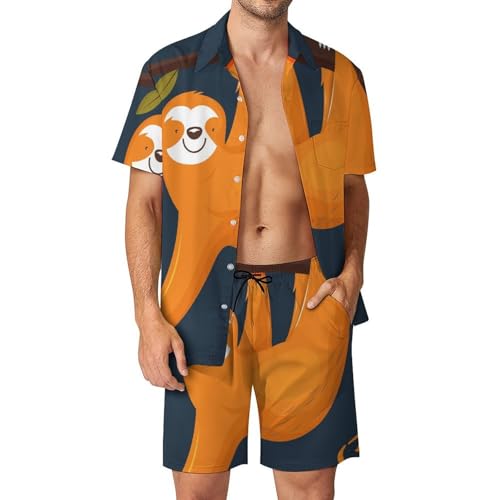 Ensemble Chemise Hawaïenne Homme Jaune Imprimé Paresseux avec Short et Pantalon Fluide