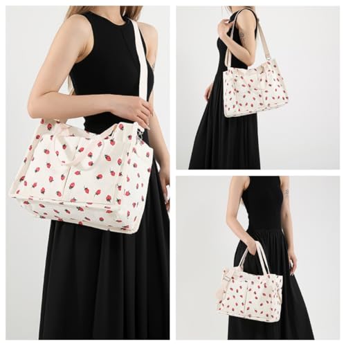 Image of Strawberry Tote Bag for Women with Pockets Corduroy Crossbody Shoulder Handbags Purse for Work