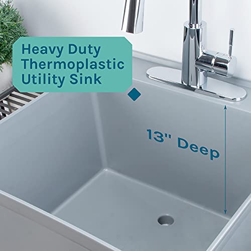 Laundry Sink Utility Tub With High Arc Chrome Pull Down Faucet By Js Jackson Supplies, Heavy Duty Sinks With Installation Kit For Washing Room, Workshop, Basement, Garage, Slop Sink, Grey Tub #TOP5