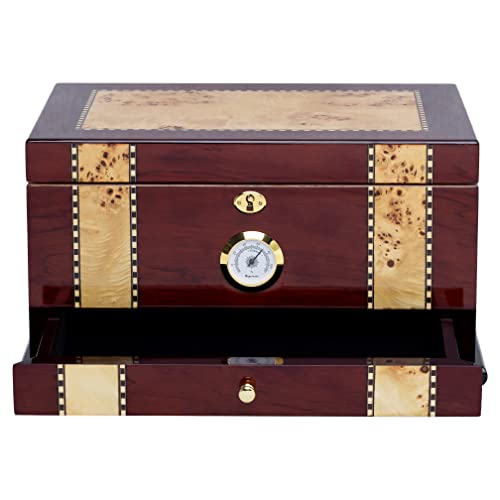 Quality Importers Solana Desktop Cigar Humidor, Rosewood With Maple-Burled Wood Inlay, Glass Hygrometer, Spanish Cedar Tray With Divider, Accessory Drawer, Holds 75-100 Cigars #TOP5