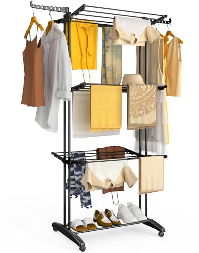 VOUNOT® Tendedero Vertical Plegable Tipo Torre 4 Niveles Dobles Zapatero Tendedores Ropa Gran Capacidad Secadora con Ruedas Alas Plegables Estantes de Secado Ropa Interior/Exterior 125x62x173cm Negro