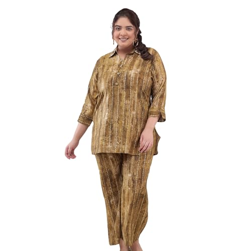 Image of Bani Women Printed Plus Size Co-ord Set, Shirt and Trouser Set 2 Piece Outfit, 3 /4 Sleeves,V-Neck with Floral Work Collar, Coord Sets for Womens, Western Dress Stylish Design for All Occasions