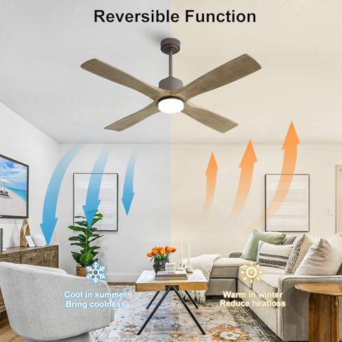 Image of LEDLUX 48 inch Ceiling Fans with Lights -Modern Ceiling Fan with Light, 6-Speed Remote, 4 Solid Wood Blades, Quiet DC Motor, for Bedroom, Living Room, Outdoor, Graphite Finish with Gray Blades