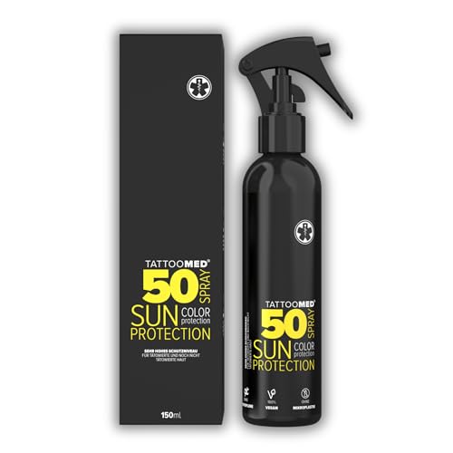 Tattoomed Sun Protection SPF 50 Spray – Fuerte protección solar especial para pieles tatuadas – Botella de spray (150 ml)
