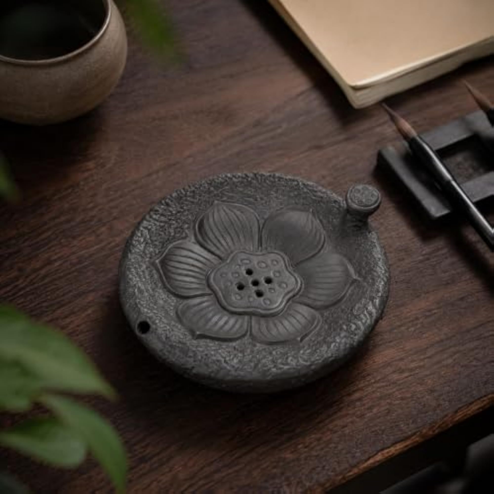 Giftable Violet Clay Teapot Stand, Textured Lotus