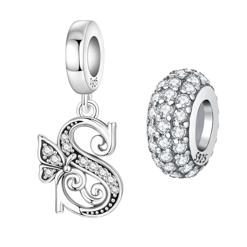 PANPOKI 2 Pack 925 Sterling Silver Butterfly Letter Charms for Bracelets and Necklace Alphabet Dangle Pendants Round Spacer Beads Pave Cubic Zirconia Jewelry Gift for Women (S Set)