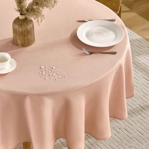 FIBORIA Nappe Rose Ronde 160 cm de Diamètre Anti Tache Nappes Aspect Lin, Déperlante & Lavable décor de Moderne Table pour...