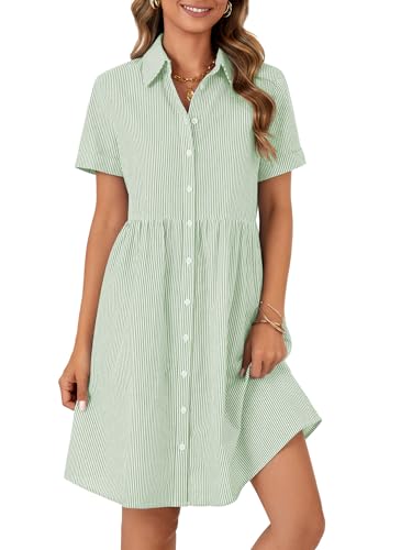 Image of Rooscier Women's Striped Shirt Dress Button Down Collared Short Sleeve Mini Dress