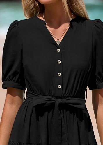 PRETTYGARDEN Summer Dresses for Women 2026 Elegant Classy Short Sleeve V Neck Ruffle A Line Belted Long Beach Vacation Dress (Black,Medium) — view 5