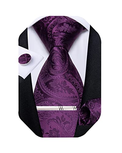 Image of DiBanGu Paisley Ties for Men Silk Necktie and Pocket Square Cufflinks Tie Clip Set Woven Classic Mens Tie for Wedding Party