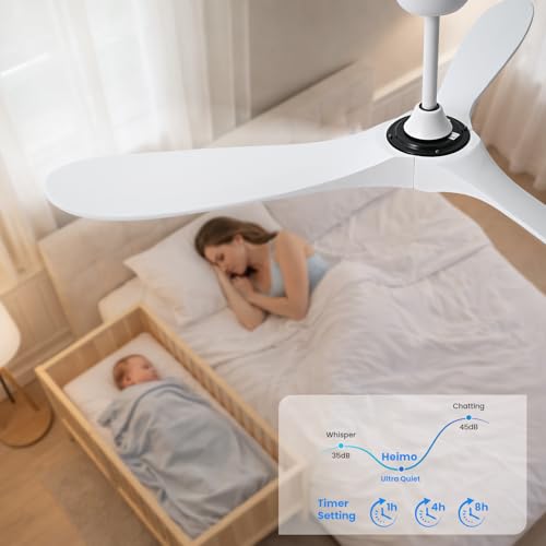 Image of heimo 52 Inch White Ceiling Fan with Light and Remote, Wood Outdoor Ceiling Fans with Lights Dimmable for Bedroom Living Room Patios Kitchen Modern 3 Blade Propeller Indoor Fan