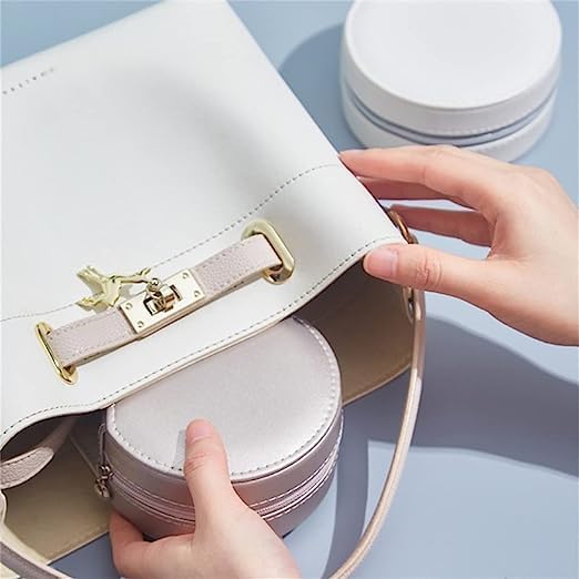 Image of Round Portable Travel Jewelry Case Storage Mini Box, Small Mirror Earrings, Necklace, Jewelry, Ring Cosmatic Organizer Storage Holder Boxes.