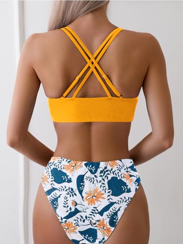 Image of Fanuerg Women's Sexy V Neck Bikini Sets Hollow Out Two Piece Swimsuits Cutout Mid Waist Bathing Suit