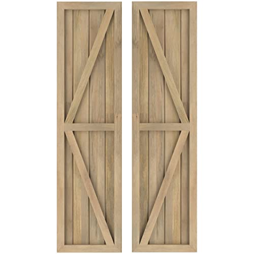 Ekena Millwork ARW102BF414X56UNH Americraft Four Exterior Real Wood Two Equal Panel Framed Board-n-Batten Shutters w/Double Z-Bar (Per Pair), 14"W x 56"H, Unfinished